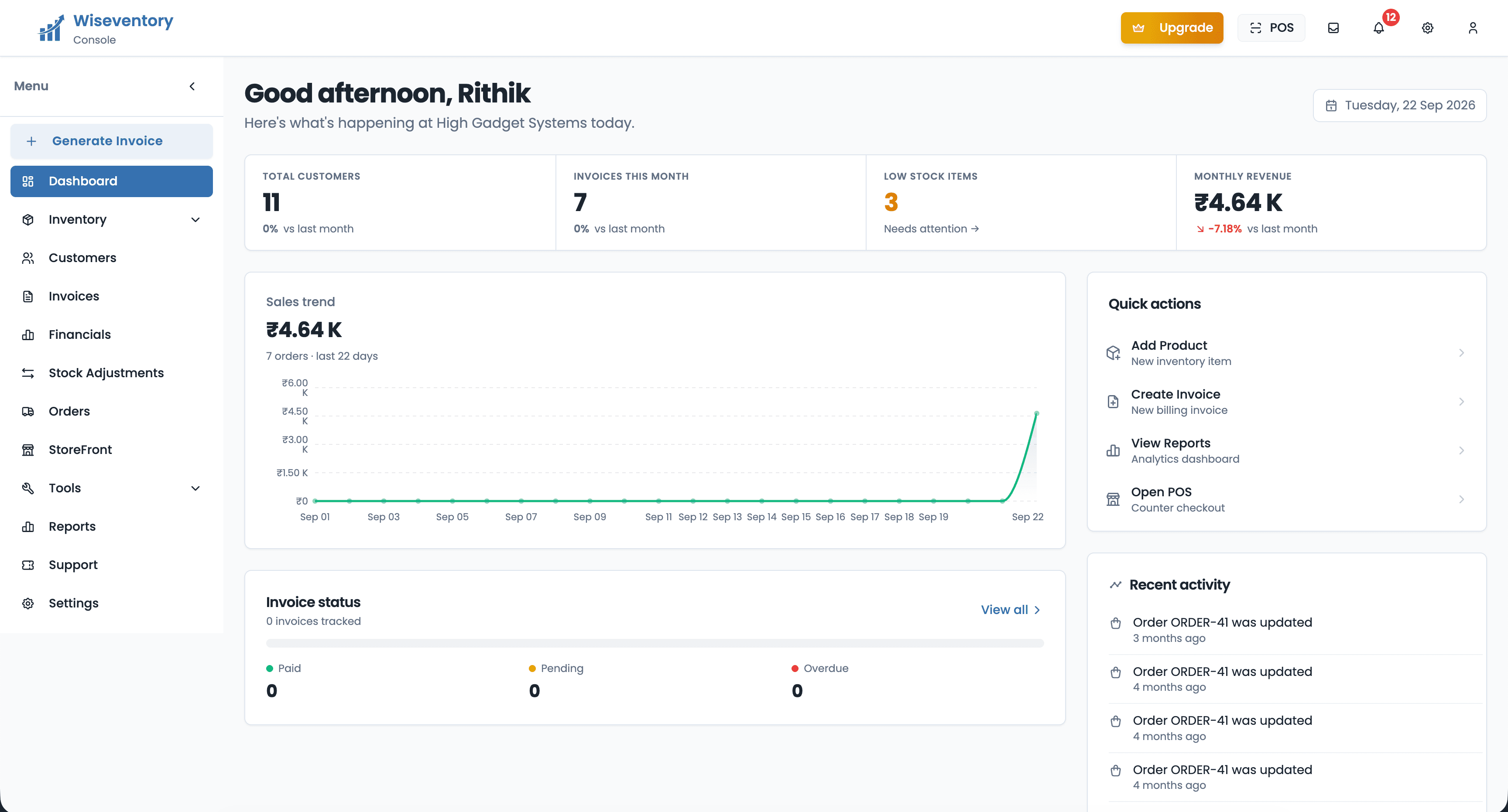 Wiseventory dashboard showing customers, invoices this month, low stock items, monthly revenue and a sales trend chart